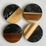 Personalized Black Marble Wood Coaster Round
